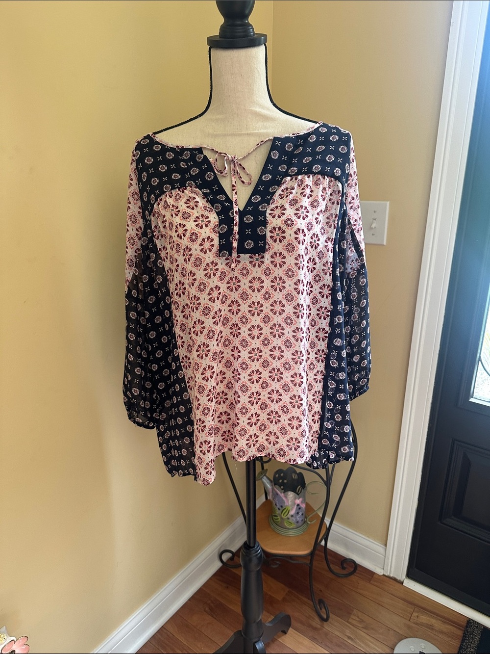 LOFT Pink and Navy Printed Tie-Neck Peasant Tunic